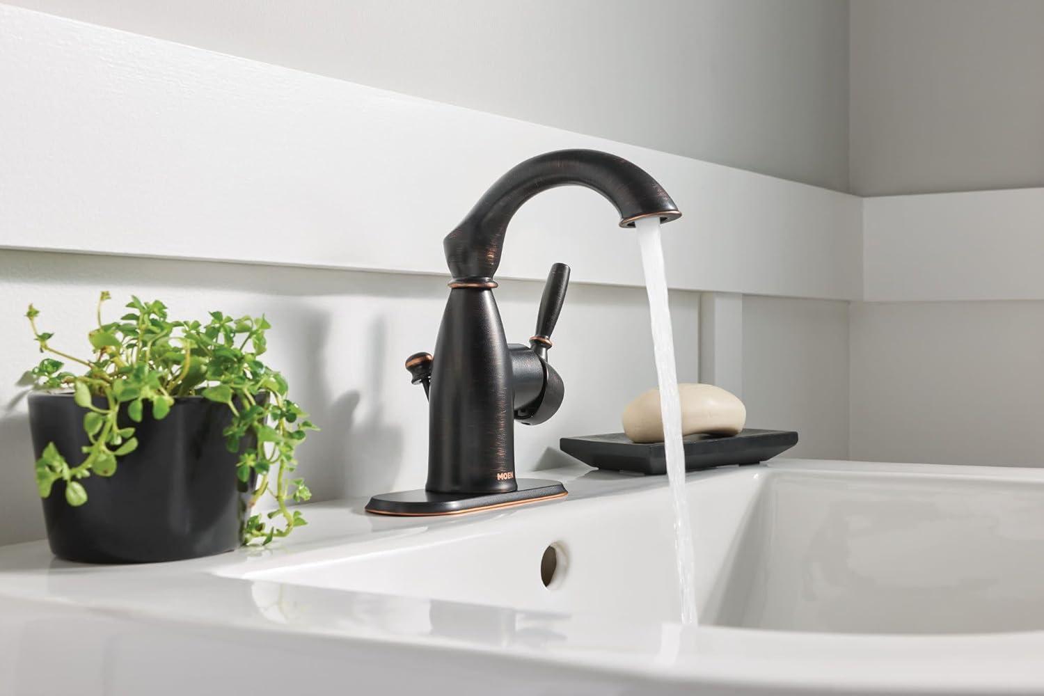image:imageMoen Sarona Spot Resist Brushed Nickel OneHandle Single Hole Rustic Farmhouse Bathroom Sink Faucet with Optional Deckplate 84144SRNMediterranean Bronze