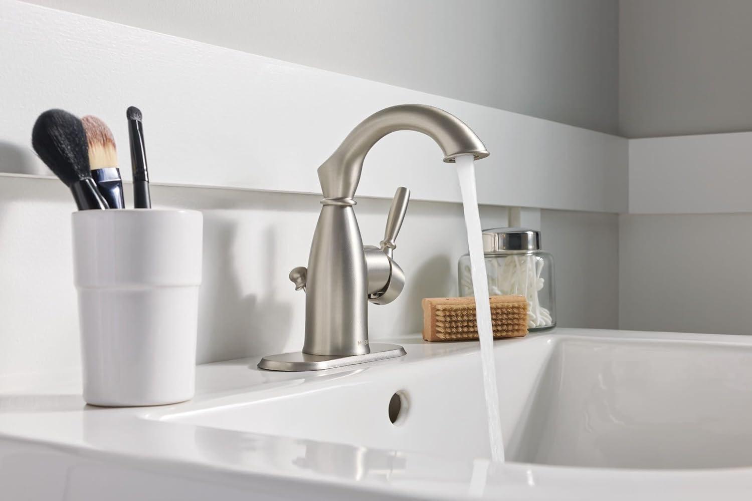 image:imageMoen Sarona Spot Resist Brushed Nickel OneHandle Single Hole Rustic Farmhouse Bathroom Sink Faucet with Optional Deckplate 84144SRNSpot Resist Brushed Nickel