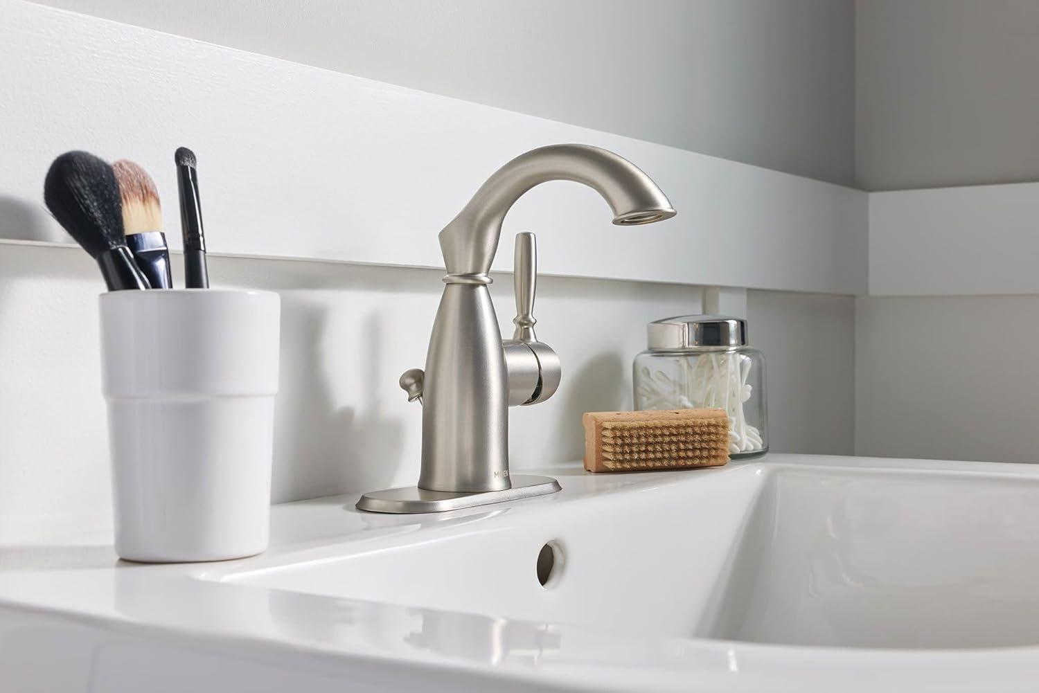 image:imageMoen Sarona Spot Resist Brushed Nickel OneHandle Single Hole Rustic Farmhouse Bathroom Sink Faucet with Optional Deckplate 84144SRNSpot Resist Brushed Nickel