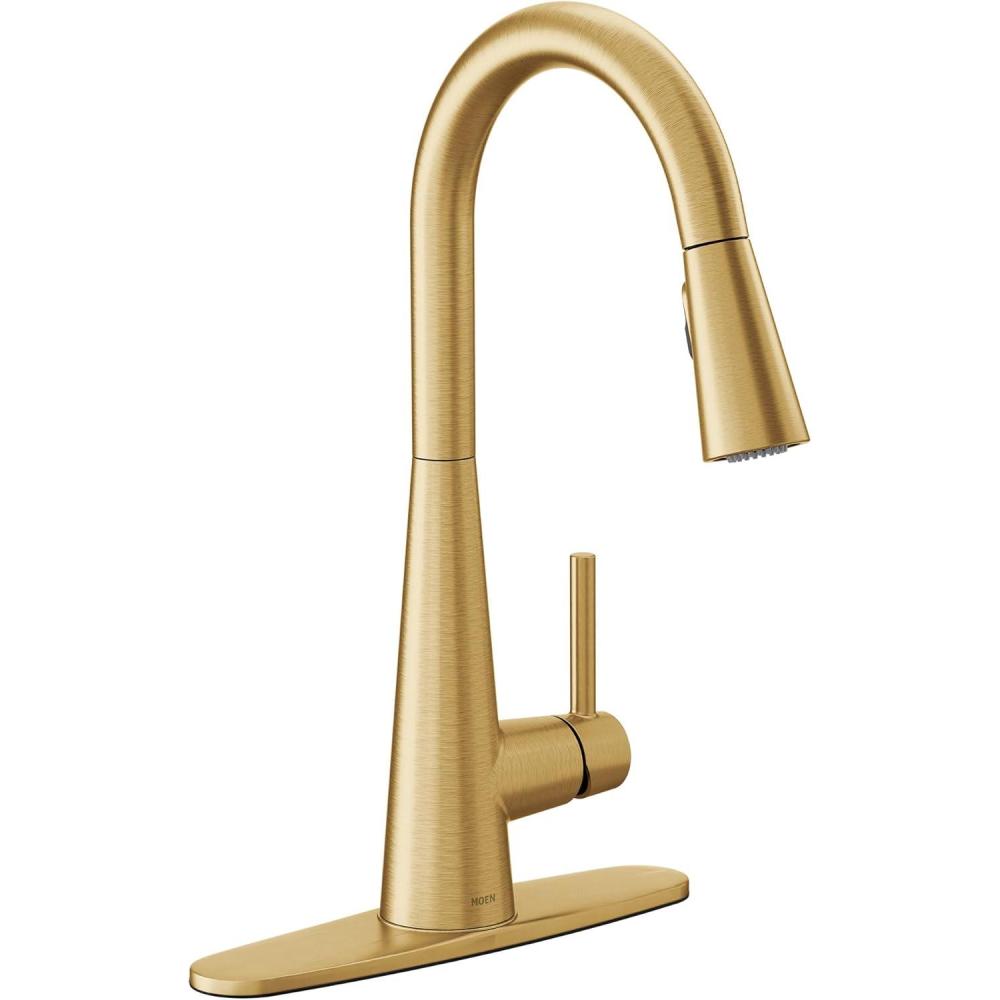 image:imageMoen 7864EVC Sleek Smart Faucet Touchless Pull Down Sprayer Kitchen Faucet with Voice Control and Power Boost ChromeBrushed Gold