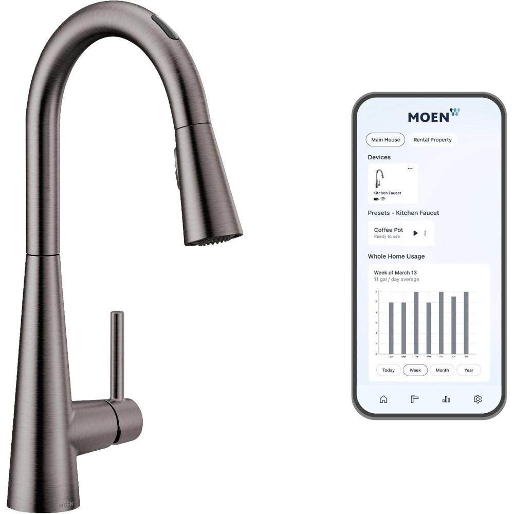 image:imageMoen 7864EVC Sleek Smart Faucet Touchless Pull Down Sprayer Kitchen Faucet with Voice Control and Power Boost ChromeSpot Resist Black Stainless