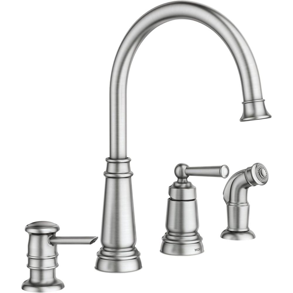 image:imageMoen Edison Spot Resist Stainless OneHandle High Arc 4hole Kitchen Faucet with Side Sprayer and Soap Dispenser 87042SRSSpot Resist Stainless
