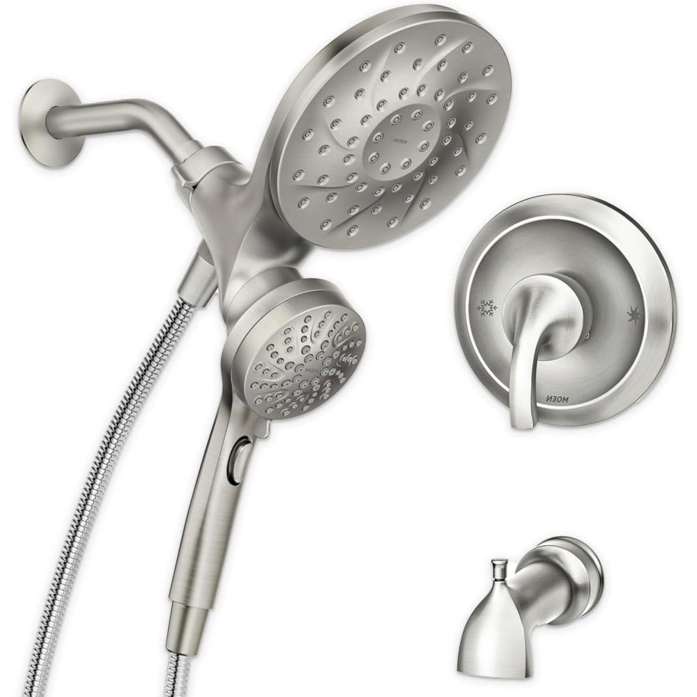 image:imageMoen Engage Magnetix Matte Black MultiFunction Handshower and Rainfall Shower Head Trim Combo with Shower Handle Tub Spout Metal Hose and Valve 82304BLBrushed Nickel