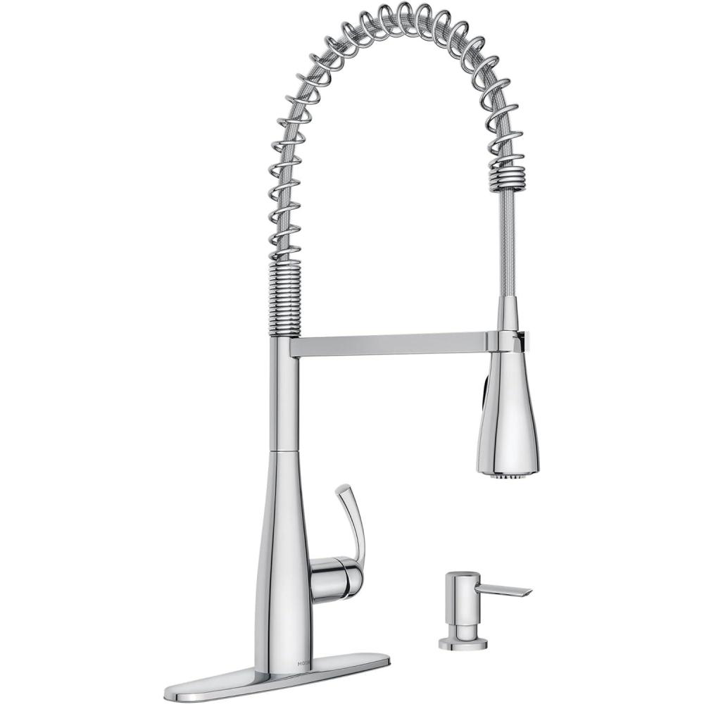 image:imageMoen Essie Spot Resist Stainless OneHandle High Arc PreRinse Spring Pulldown Kitchen Faucet with Power Clean and Soap Dispenser 87814SRSChrome
