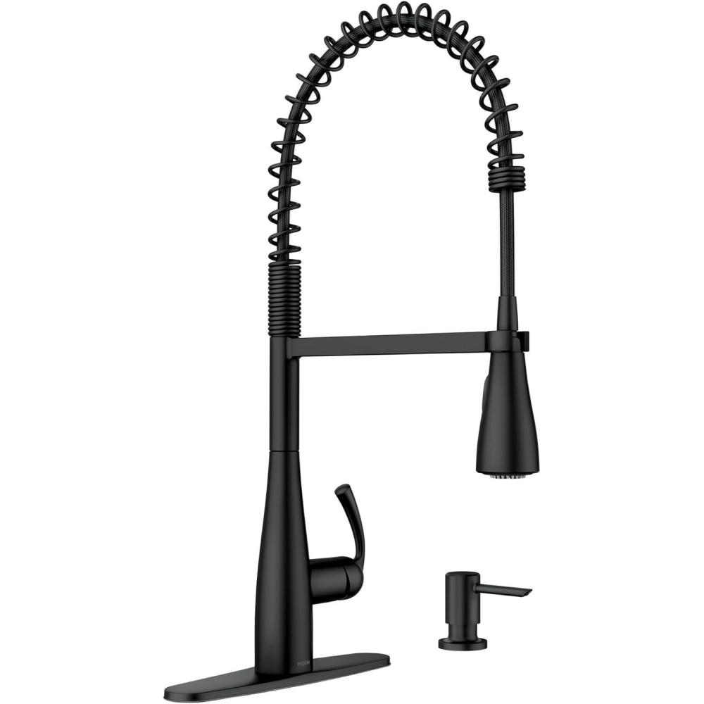 image:imageMoen Essie Spot Resist Stainless OneHandle High Arc PreRinse Spring Pulldown Kitchen Faucet with Power Clean and Soap Dispenser 87814SRSMatte Black