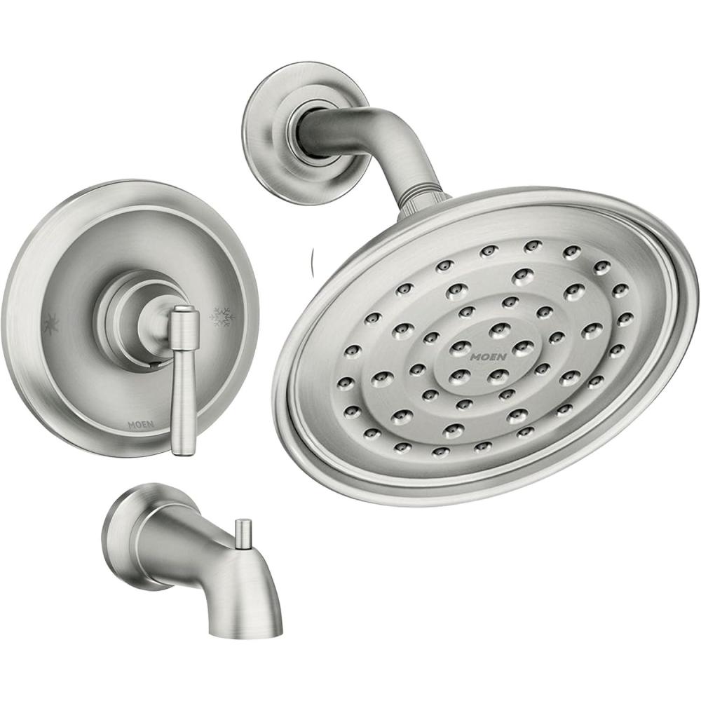 image:imageMoen Halle Spot Resist Brushed Nickel Shower Faucet Trim Set featuring Wide Showerhead and Lever Handle with PosiTemp Valve Included 82971SRNShower Handle Spout