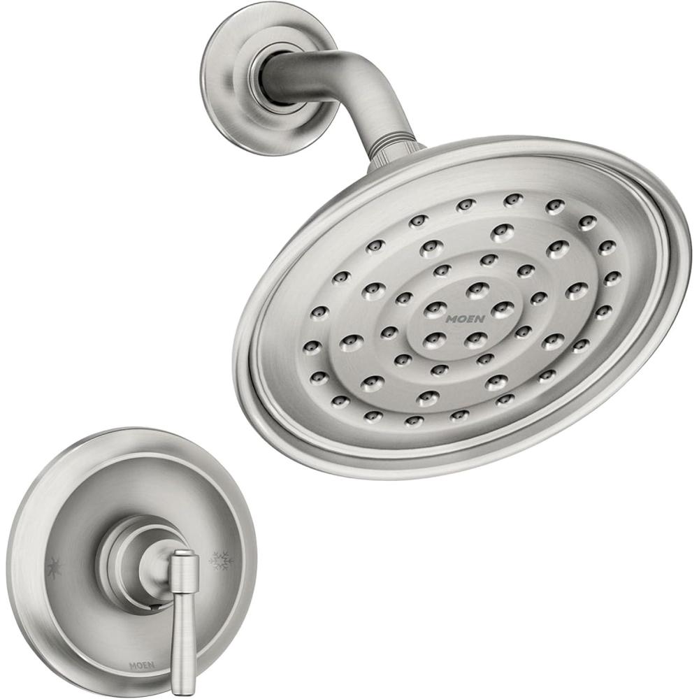 image:imageMoen Halle Spot Resist Brushed Nickel Shower Faucet Trim Set featuring Wide Showerhead and Lever Handle with PosiTemp Valve Included 82971SRNShower and Handle