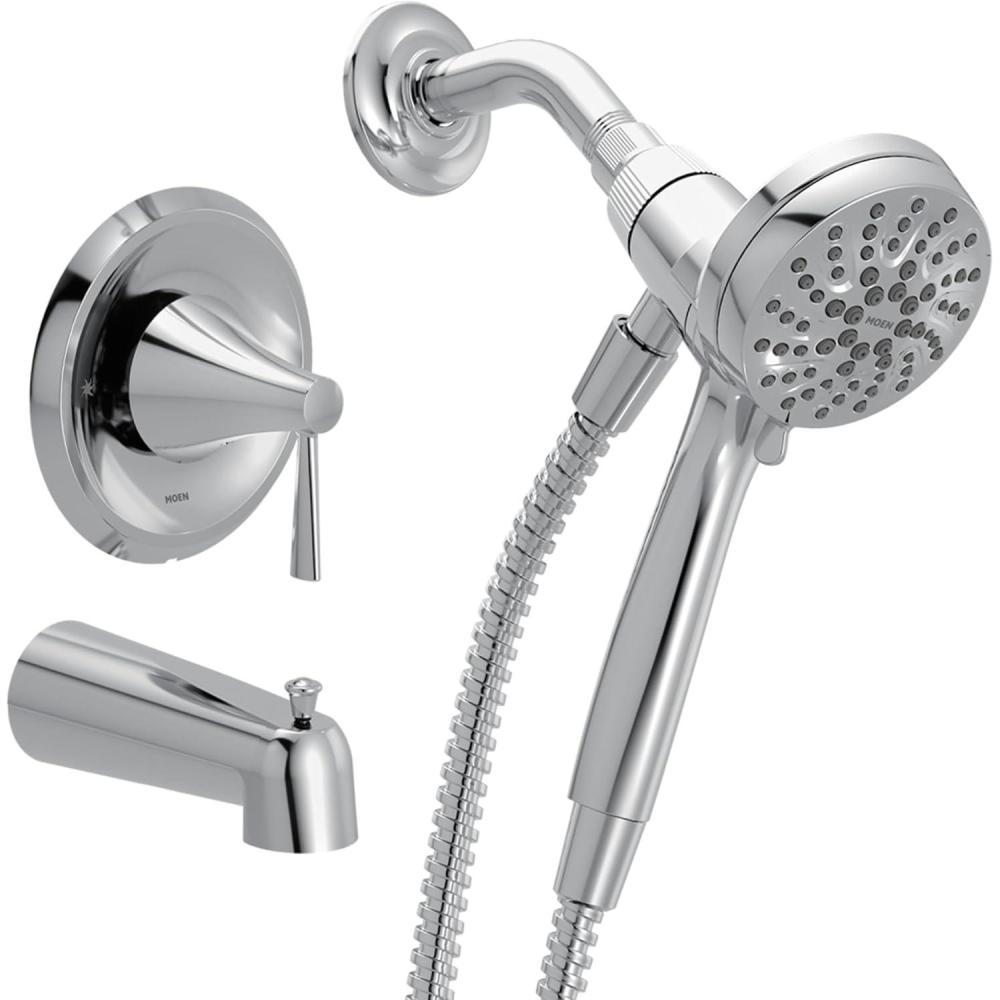 image:imageMoen Ronan Matte Black SingleHandle Modern Tub and Shower Faucet with Round Handheld Rainshower Spray Head Featuring Magnetix Valve Included 82021BLChrome