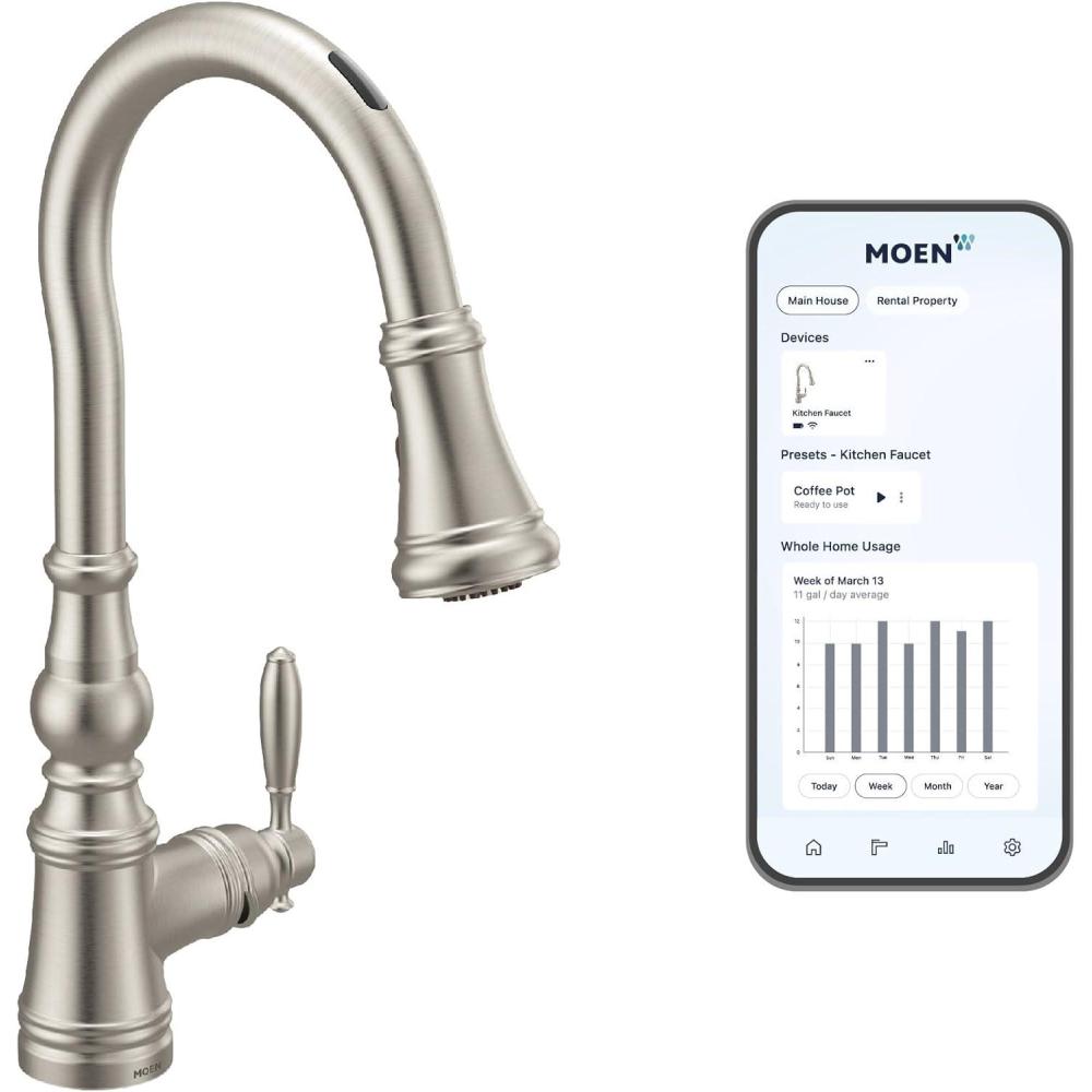image:imageMoen S73004EVSRS Weymouth Smart Faucet Touchless Pull Down Sprayer Kitchen Faucet with Voice Control and Power Boost Spot Resist StainlessSpot Resist Stainless