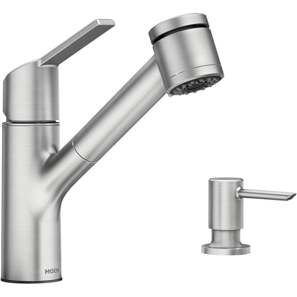image:imageMoen Sombra Spot Resist Stainless SingleHandle PullOut Sprayer Kitchen Faucet with Soap Dispenser and Power Clean 87701SRS