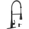 Moen Essie Spot Resist Stainless One-Handle High Arc Pre-Rinse Spring Pulldown Kitchen Faucet with Power Clean and Soap Dispenser, 87814SRS(Matte Black)