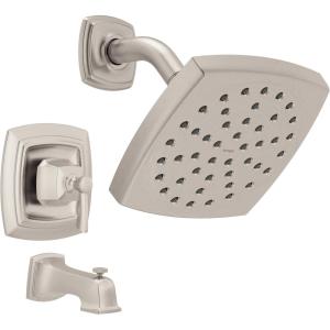 Moen Conway Chrome Posi-Temp Shower Trim Set Featuring Square Showerhead, Lever Handle, and Tub Spout, Valve Included, 82922(Spot Resist Brushed Nickel)