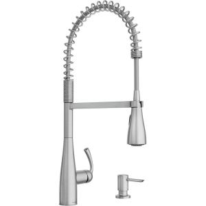 Moen Essie Spot Resist Stainless One-Handle High Arc Pre-Rinse Spring Pulldown Kitchen Faucet with Power Clean and Soap Dispenser, 87814SRS(Spot Resist Stainless)