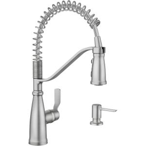 Moen Nolia Bronzed Gold One-Handle Single Hole Spring Kitchen Faucet with Pull Down Sprayer and Soap Dispenser, 87886BZG(Spot Resist Stainless)