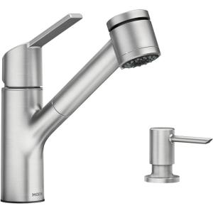 Moen Sombra Spot Resist Stainless Single-Handle Pull-Out Sprayer Kitchen Faucet with Soap Dispenser and Power Clean, 87701SRS