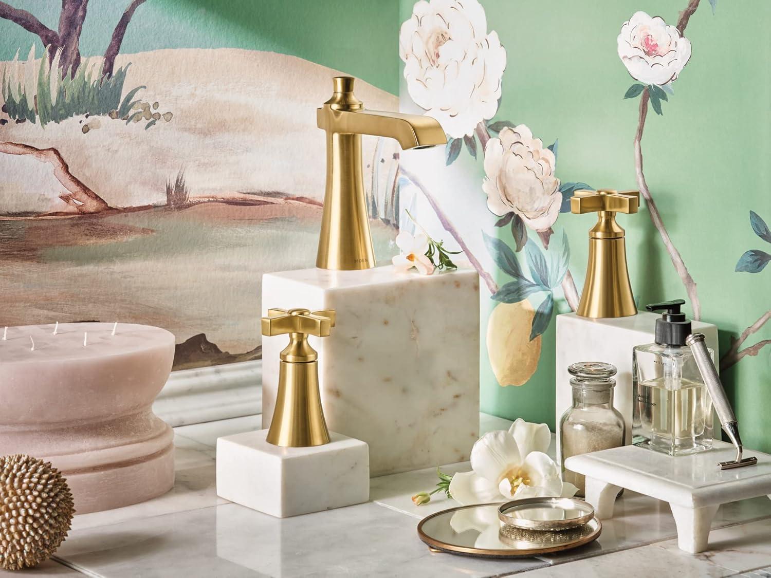 image:imageMoen Flara Brushed Gold Two Handle 8 in Widespread Cross Handle Bathroom Faucet Trim Kit Valve Required Sold Separately TS6985BG