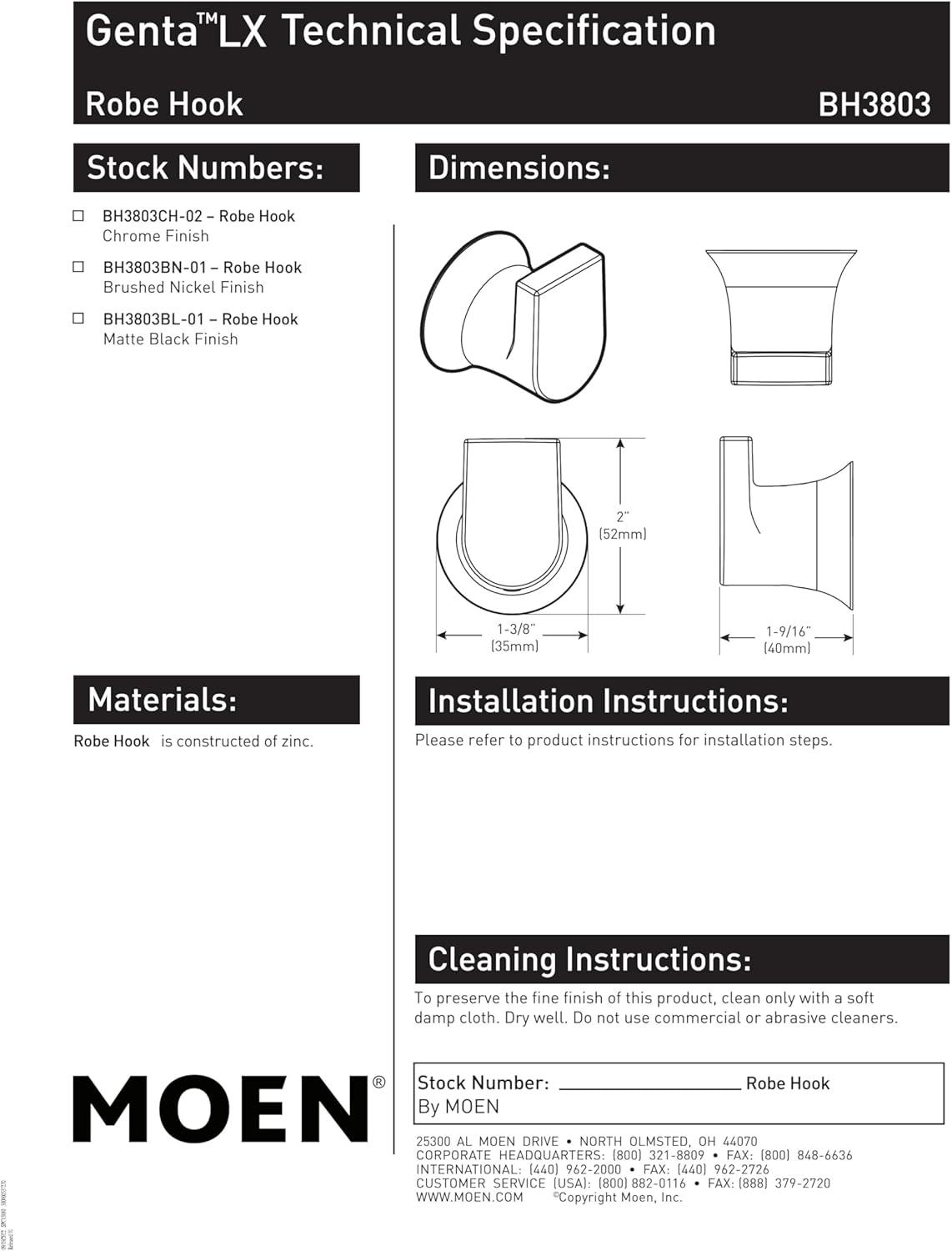 image:imageMoen Genta LX Modern Single Robe Hook or Towel Hanger for Kitchen or Bathroom Brushed Nickel BH3803BNMatte Black