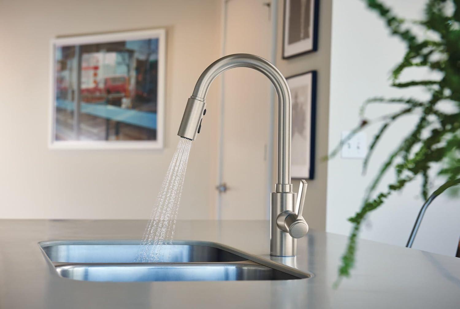 image:imageMoen Genta LX Motionsense Wave Sensor Touchless Matte Black OneHandle High Arc Pulldown Modern Kitchen Faucet Featuring Power Clean 7882EWBLSpot Resist Stainless