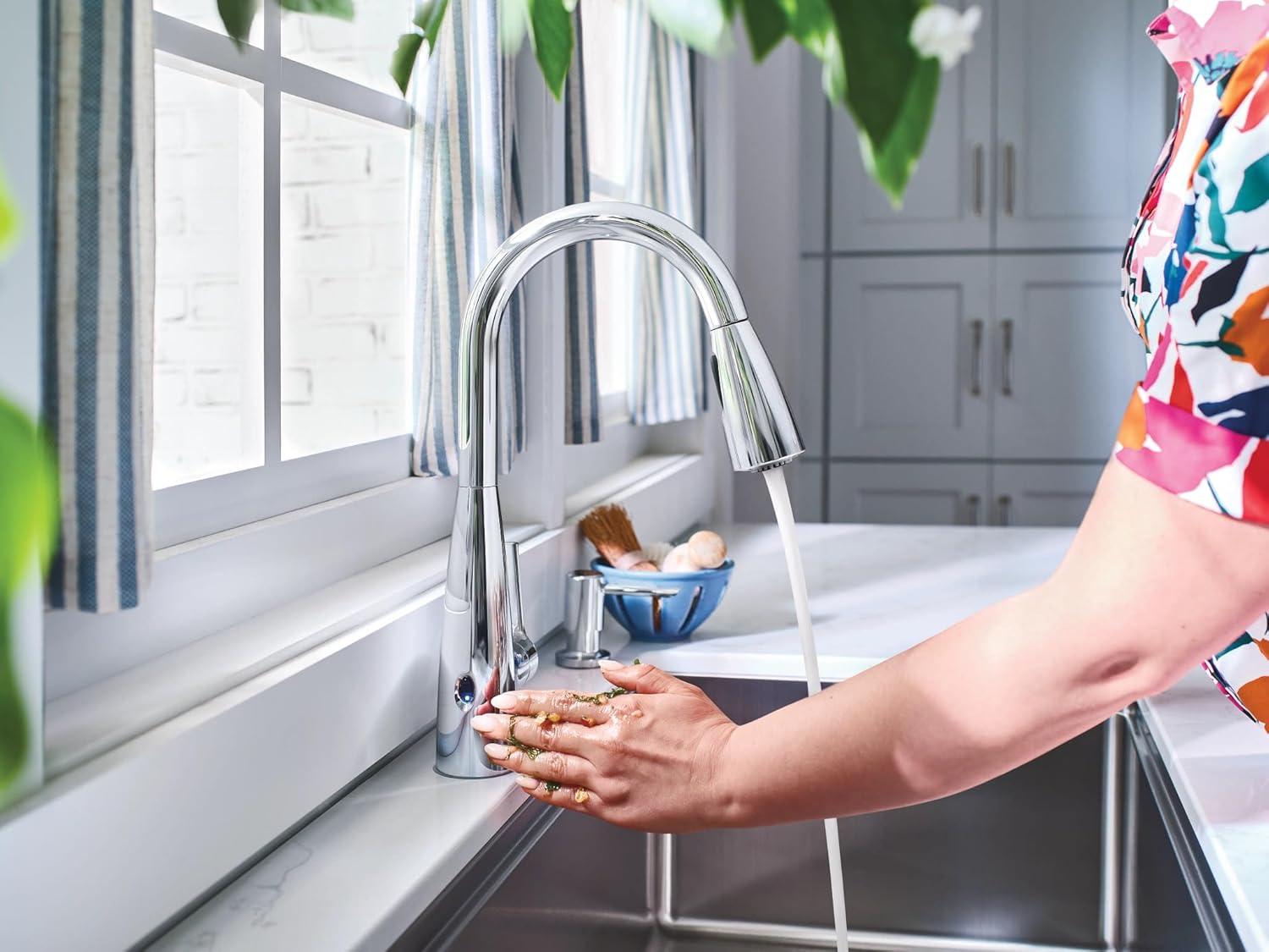 image:imageMoen Haelyn Spot Resist Stainless SingleHandle PullDown Sprayer Kitchen Faucet with an LED Light ColorCue Temperature Indicator and Soap Dispenser 87627EISRSChrome