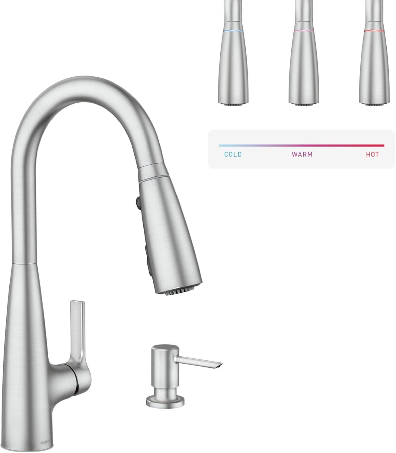 image:imageMoen Haelyn Spot Resist Stainless SingleHandle PullDown Sprayer Kitchen Faucet with an LED Light ColorCue Temperature Indicator and Soap Dispenser 87627EISRSSpot Resist Stainless