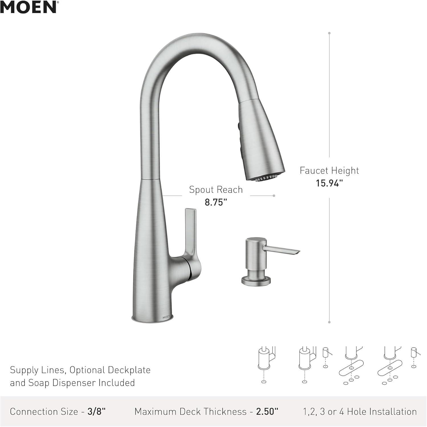 image:imageMoen Haelyn Spot Resist Stainless SingleHandle PullDown Sprayer Kitchen Faucet with an LED Light ColorCue Temperature Indicator and Soap Dispenser 87627EISRSSpot Resist Stainless