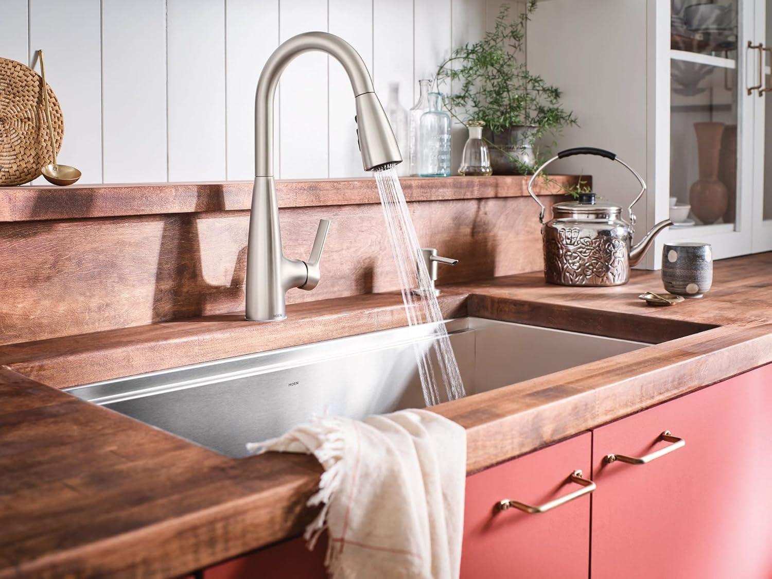 image:imageMoen Haelyn Spot Resist Stainless SingleHandle PullDown Sprayer Kitchen Faucet with an LED Light ColorCue Temperature Indicator and Soap Dispenser 87627EISRSSpot Resist Stainless