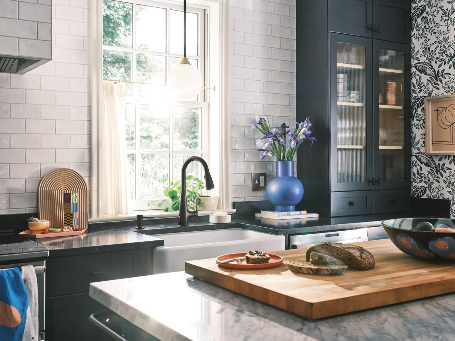 image:imageMoen Haelyn Spot Resist Stainless SingleHandle PullDown Sprayer Kitchen Faucet with an LED Light ColorCue Temperature Indicator and Soap Dispenser 87627EISRSMatte Black