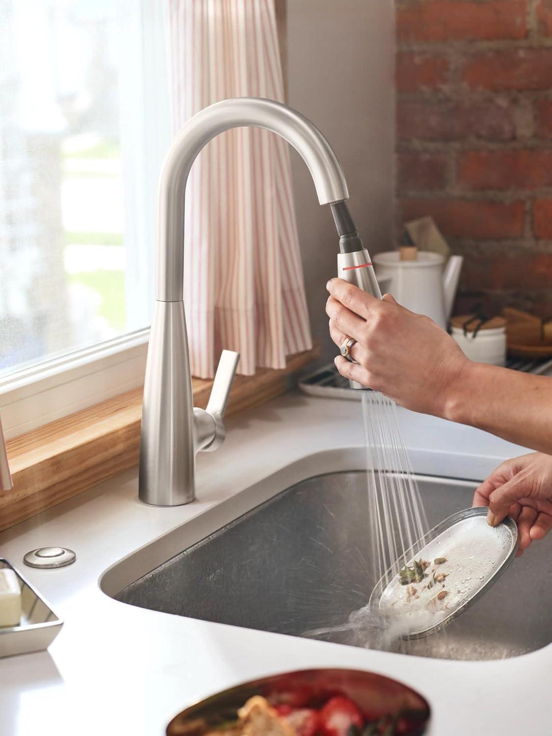 image:imageMoen Haelyn Spot Resist Stainless SingleHandle PullDown Sprayer Kitchen Faucet with an LED Light ColorCue Temperature Indicator and Soap Dispenser 87627EISRSSpot Resist Stainless