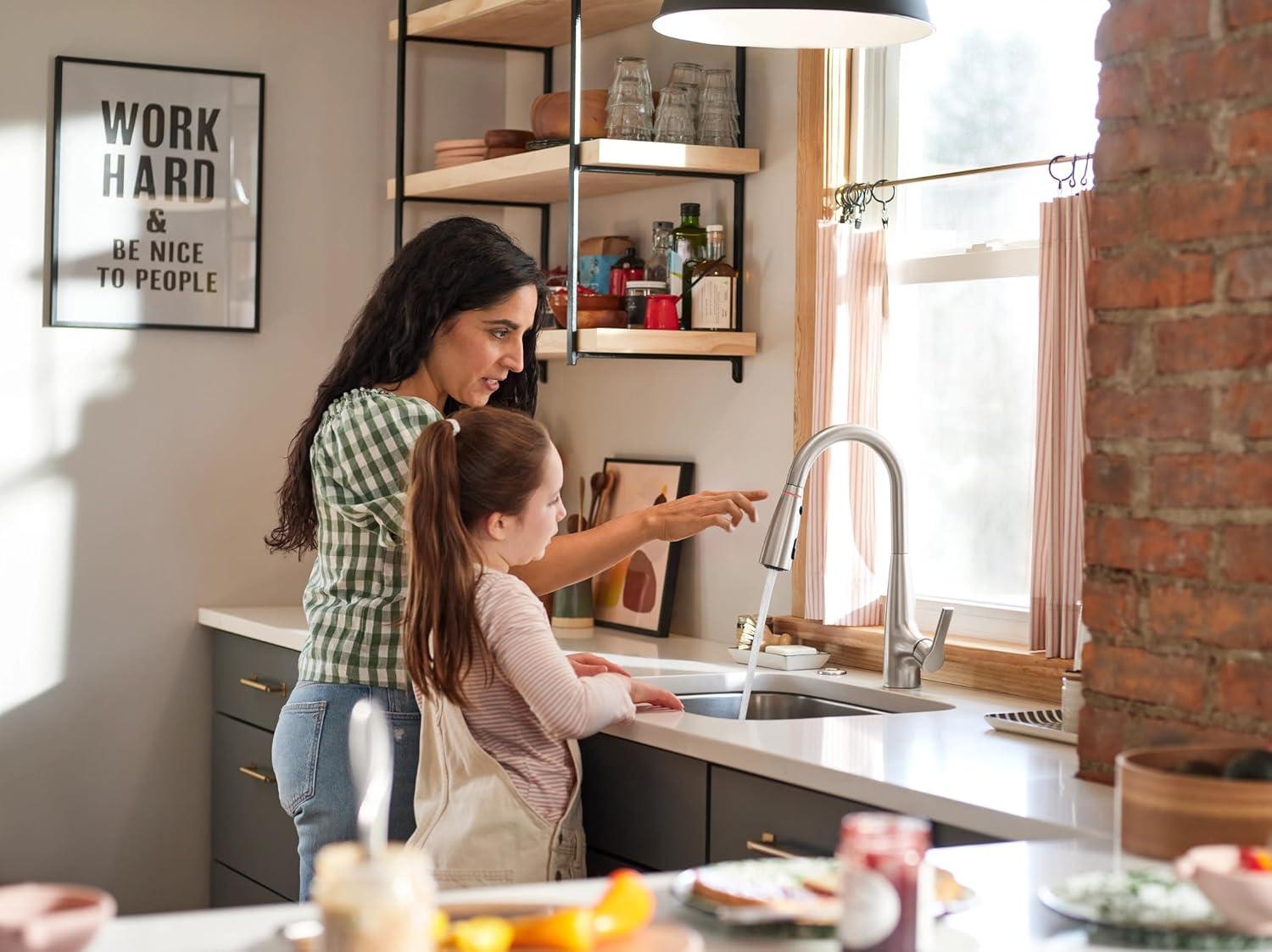 image:imageMoen Haelyn Spot Resist Stainless SingleHandle PullDown Sprayer Kitchen Faucet with an LED Light ColorCue Temperature Indicator and Soap Dispenser 87627EISRSSpot Resist Stainless