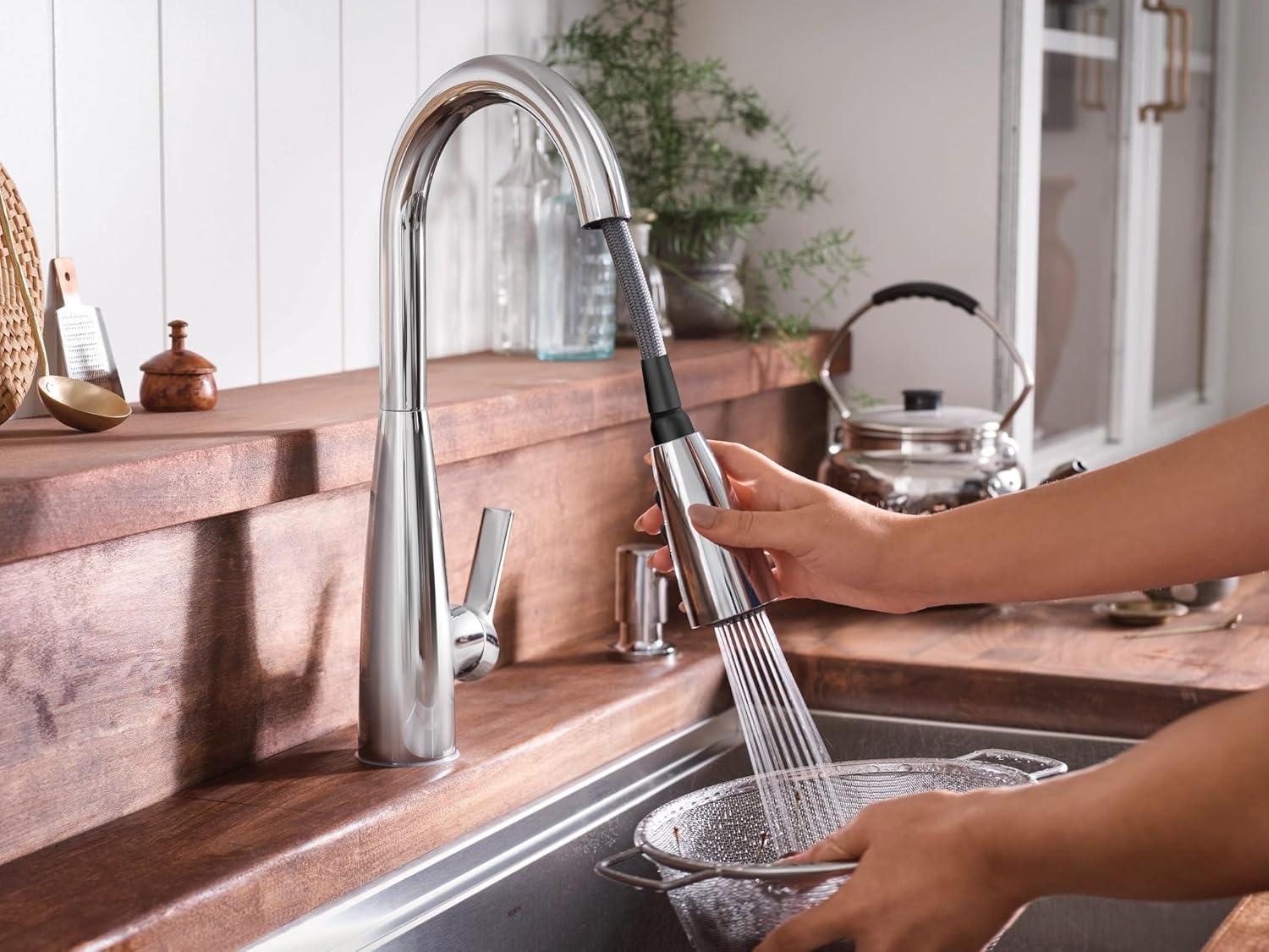 image:imageMoen Haelyn Spot Resist Stainless SingleHandle PullDown Sprayer Kitchen Faucet with an LED Light ColorCue Temperature Indicator and Soap Dispenser 87627EISRSChrome
