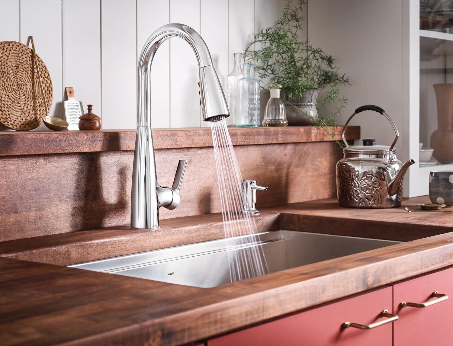 image:imageMoen Haelyn Spot Resist Stainless SingleHandle PullDown Sprayer Kitchen Faucet with an LED Light ColorCue Temperature Indicator and Soap Dispenser 87627EISRSChrome