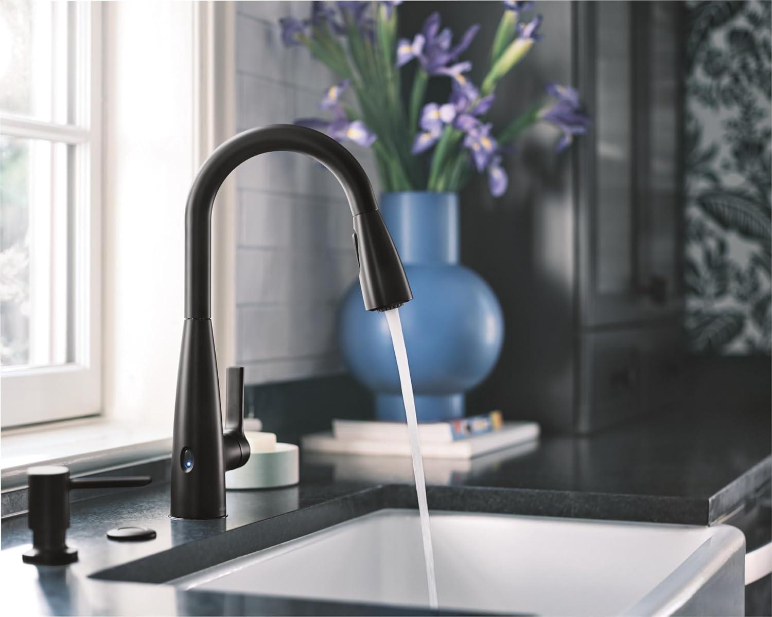 image:imageMoen Haelyn Spot Resist Stainless SingleHandle PullDown Sprayer Kitchen Faucet with an LED Light ColorCue Temperature Indicator and Soap Dispenser 87627EISRSMatte Black