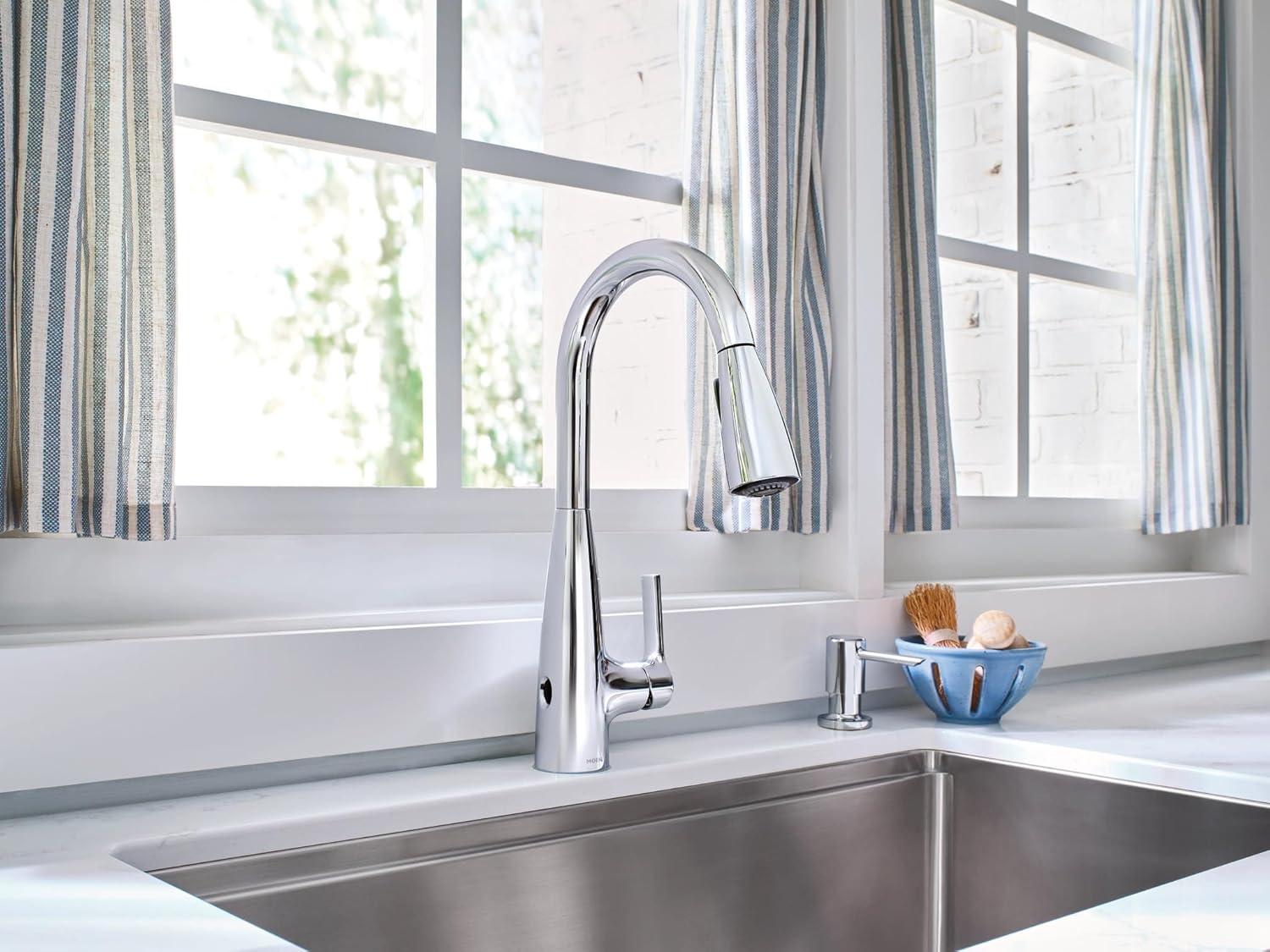 image:imageMoen Haelyn Spot Resist Stainless SingleHandle PullDown Sprayer Kitchen Faucet with an LED Light ColorCue Temperature Indicator and Soap Dispenser 87627EISRSChrome