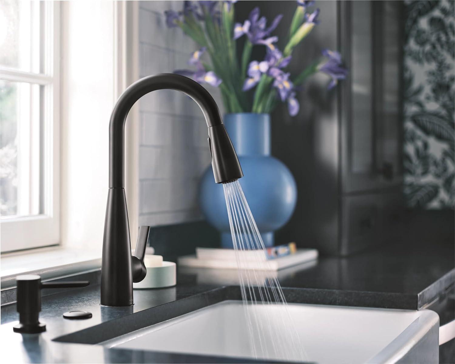 image:imageMoen Haelyn Spot Resist Stainless SingleHandle PullDown Sprayer Kitchen Faucet with an LED Light ColorCue Temperature Indicator and Soap Dispenser 87627EISRSMatte Black