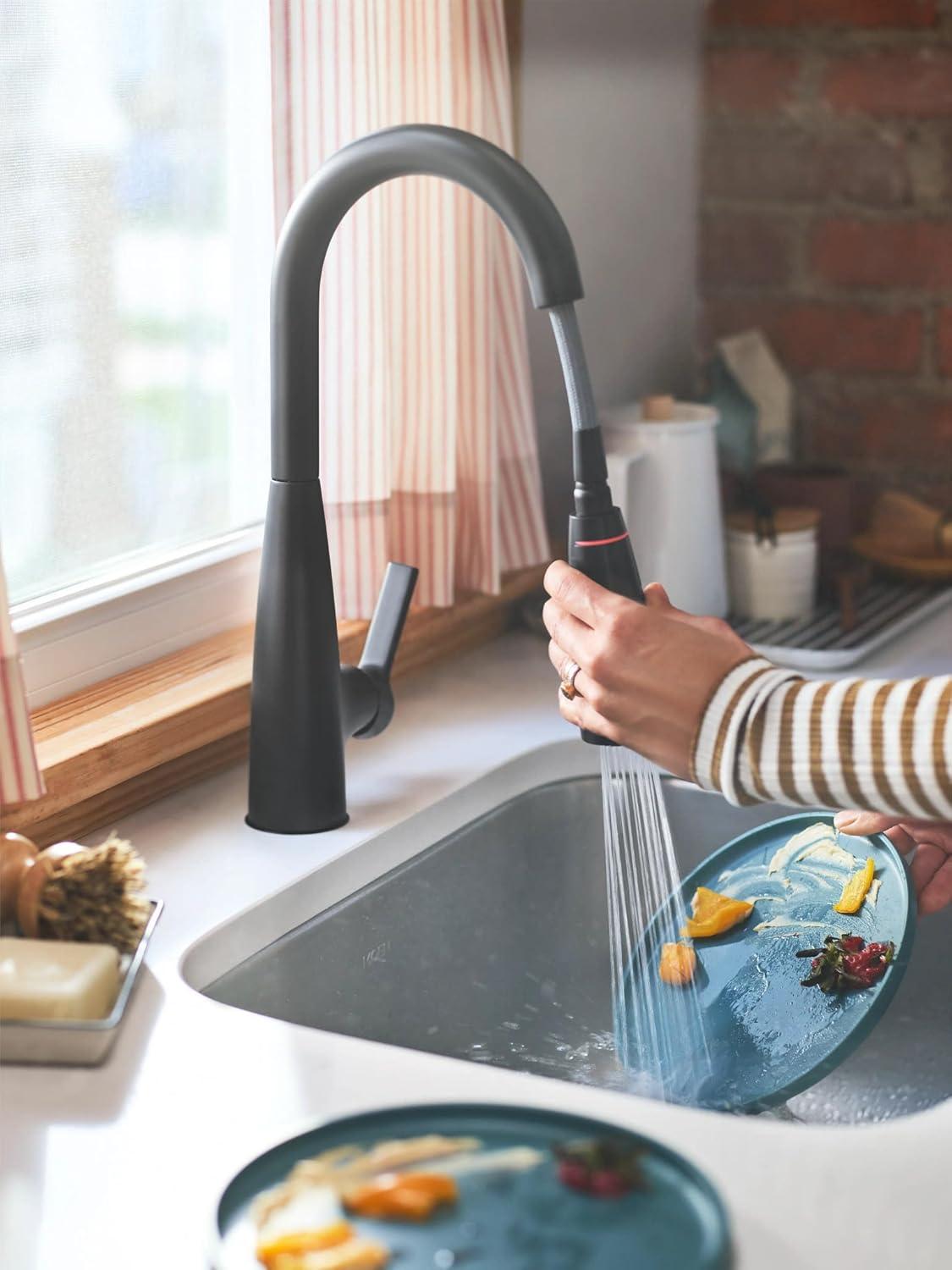 image:imageMoen Haelyn Spot Resist Stainless SingleHandle PullDown Sprayer Kitchen Faucet with an LED Light ColorCue Temperature Indicator and Soap Dispenser 87627EISRSMatte Black