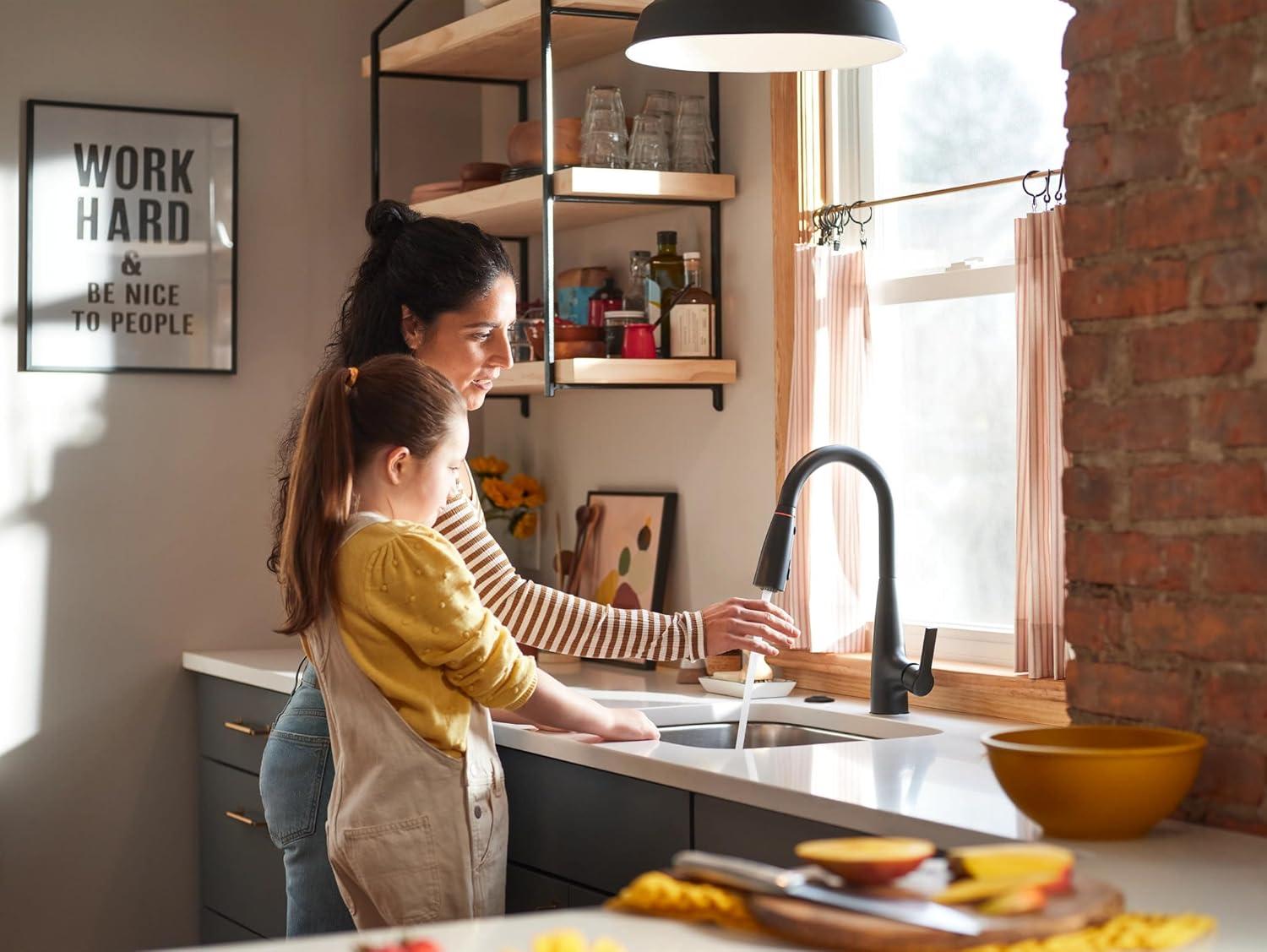 image:imageMoen Haelyn Spot Resist Stainless SingleHandle PullDown Sprayer Kitchen Faucet with an LED Light ColorCue Temperature Indicator and Soap Dispenser 87627EISRSMatte Black