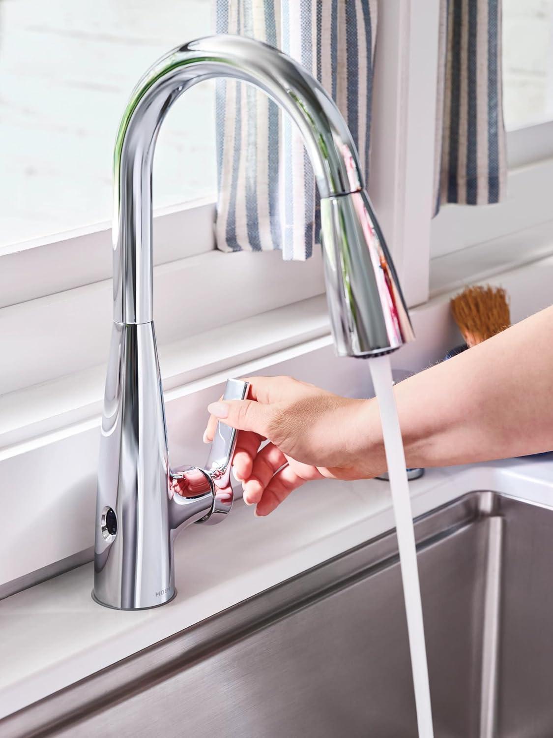 image:imageMoen Haelyn Spot Resist Stainless SingleHandle PullDown Sprayer Kitchen Faucet with an LED Light ColorCue Temperature Indicator and Soap Dispenser 87627EISRSChrome