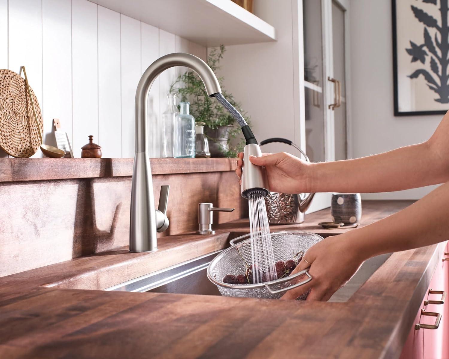 image:imageMoen Haelyn Spot Resist Stainless SingleHandle PullDown Sprayer Kitchen Faucet with an LED Light ColorCue Temperature Indicator and Soap Dispenser 87627EISRSSpot Resist Stainless