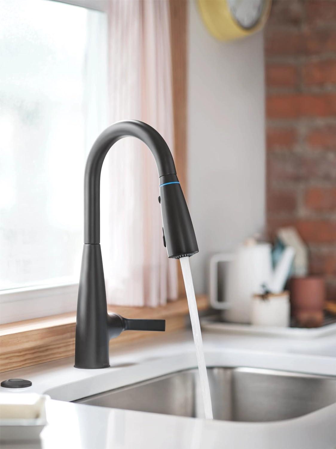 image:imageMoen Haelyn Spot Resist Stainless SingleHandle PullDown Sprayer Kitchen Faucet with an LED Light ColorCue Temperature Indicator and Soap Dispenser 87627EISRSMatte Black