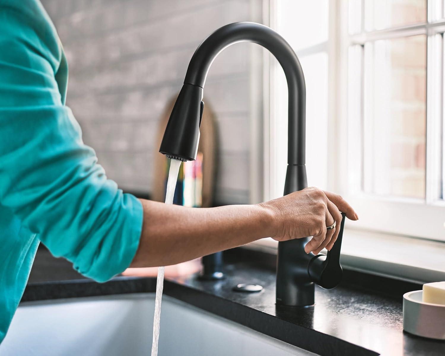 image:imageMoen Haelyn Spot Resist Stainless SingleHandle PullDown Sprayer Kitchen Faucet with an LED Light ColorCue Temperature Indicator and Soap Dispenser 87627EISRSMatte Black