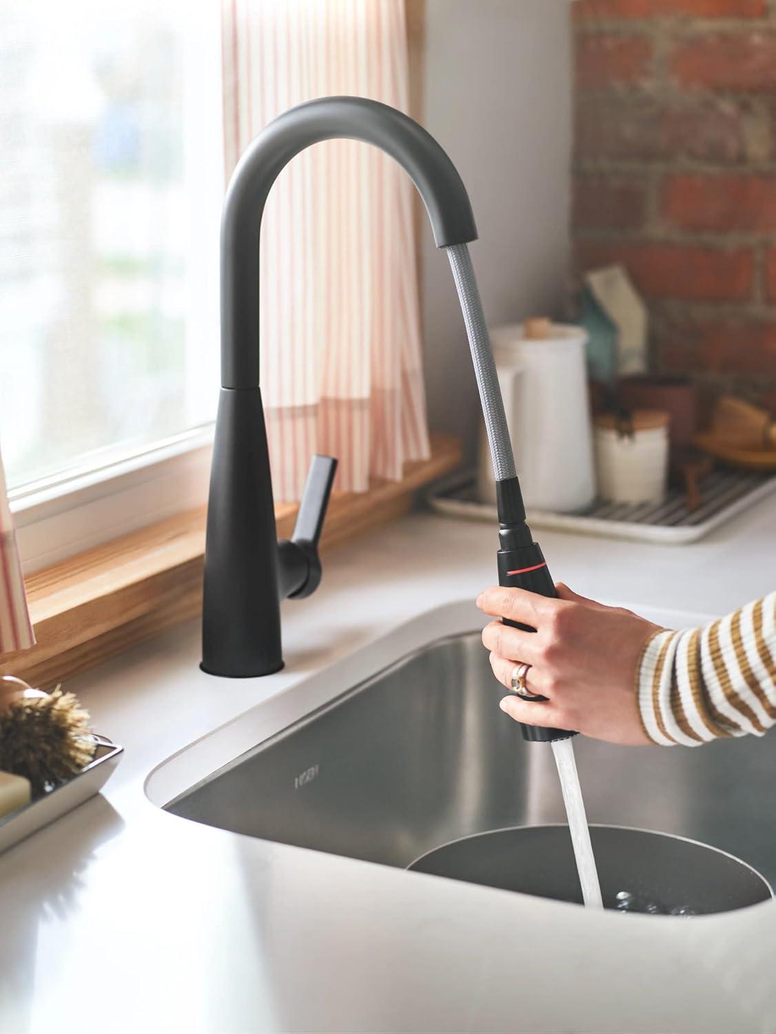 image:imageMoen Haelyn Spot Resist Stainless SingleHandle PullDown Sprayer Kitchen Faucet with an LED Light ColorCue Temperature Indicator and Soap Dispenser 87627EISRSMatte Black