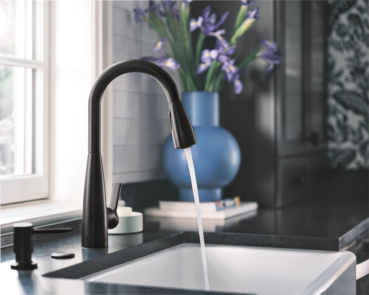 image:imageMoen Haelyn Spot Resist Stainless SingleHandle PullDown Sprayer Kitchen Faucet with an LED Light ColorCue Temperature Indicator and Soap Dispenser 87627EISRSMatte Black