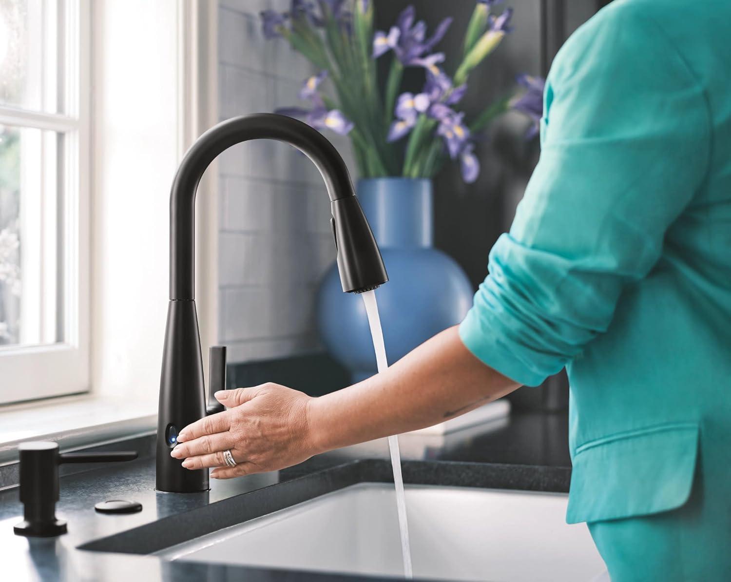 image:imageMoen Haelyn Spot Resist Stainless SingleHandle PullDown Sprayer Kitchen Faucet with an LED Light ColorCue Temperature Indicator and Soap Dispenser 87627EISRSMatte Black