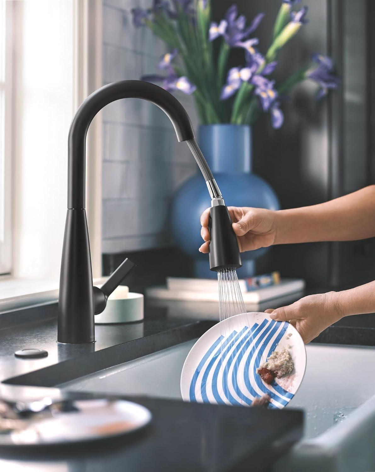 image:imageMoen Haelyn Spot Resist Stainless SingleHandle PullDown Sprayer Kitchen Faucet with an LED Light ColorCue Temperature Indicator and Soap Dispenser 87627EISRSMatte Black