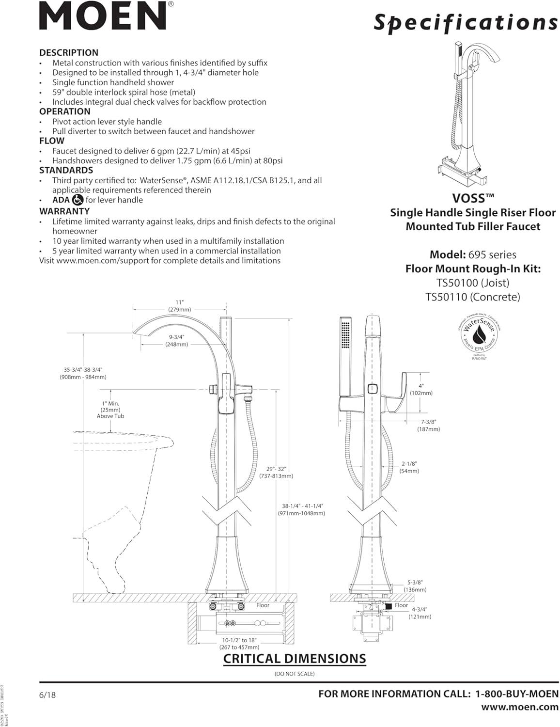 image:imageMoen Voss Brushed Nickel OneHandle Freestanding Floor Mount Tub Filler Freestanding Bathtub Faucet with Handshower 695BNBrushed Nickel