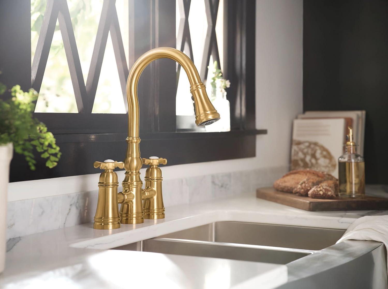 image:imageMoen Weymouth Matte Black Two Handle Pulldown Bridge Kitchen Faucet S73204BLBrushed Gold