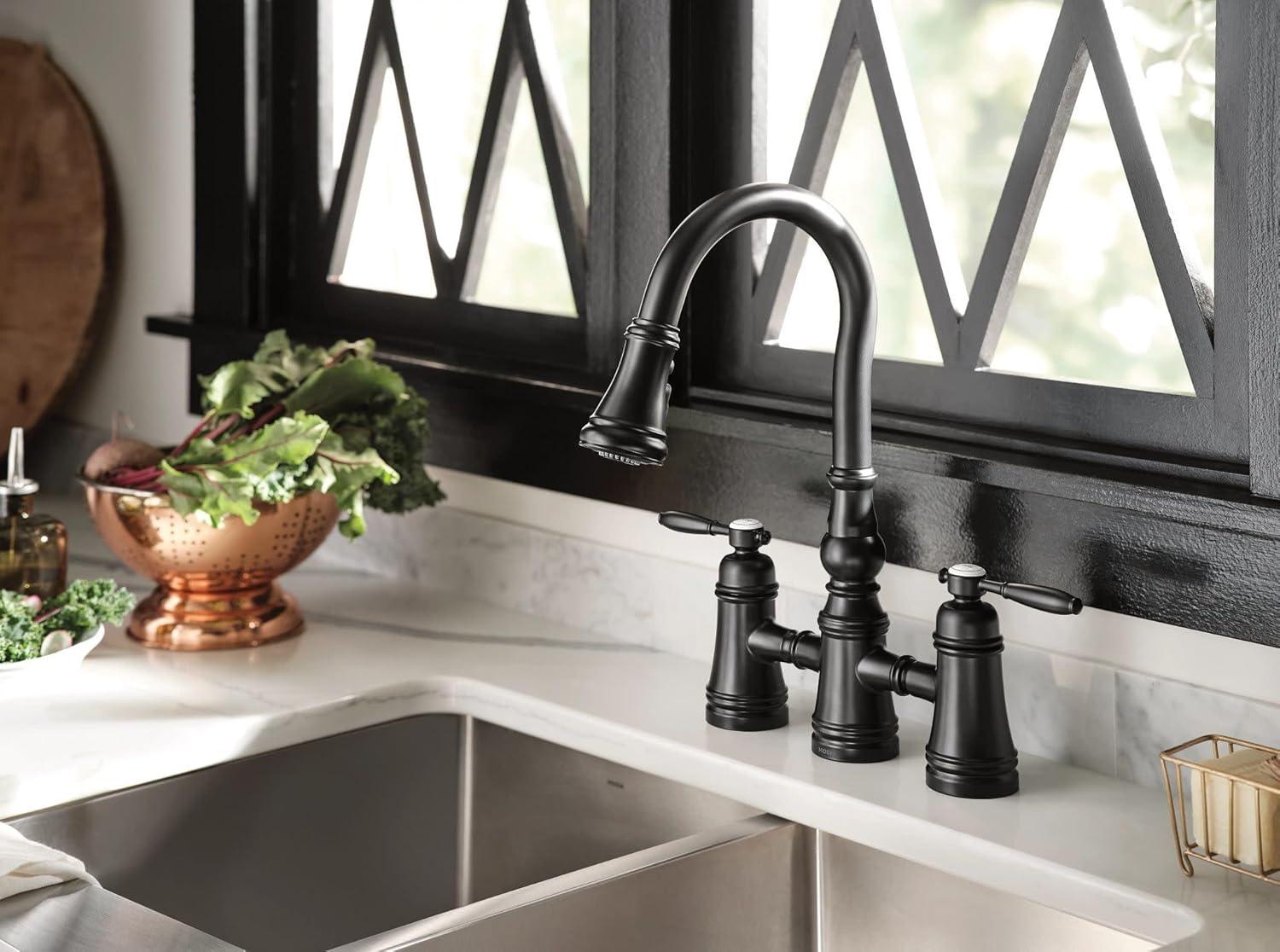 image:imageMoen Weymouth Matte Black Two Handle Pulldown Bridge Kitchen Faucet S73204BLMatte Black