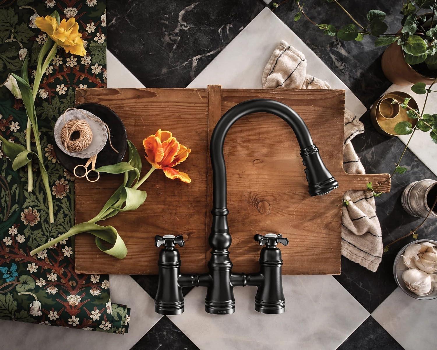 image:imageMoen Weymouth Matte Black Two Handle Pulldown Bridge Kitchen Faucet S73204BLMatte Black