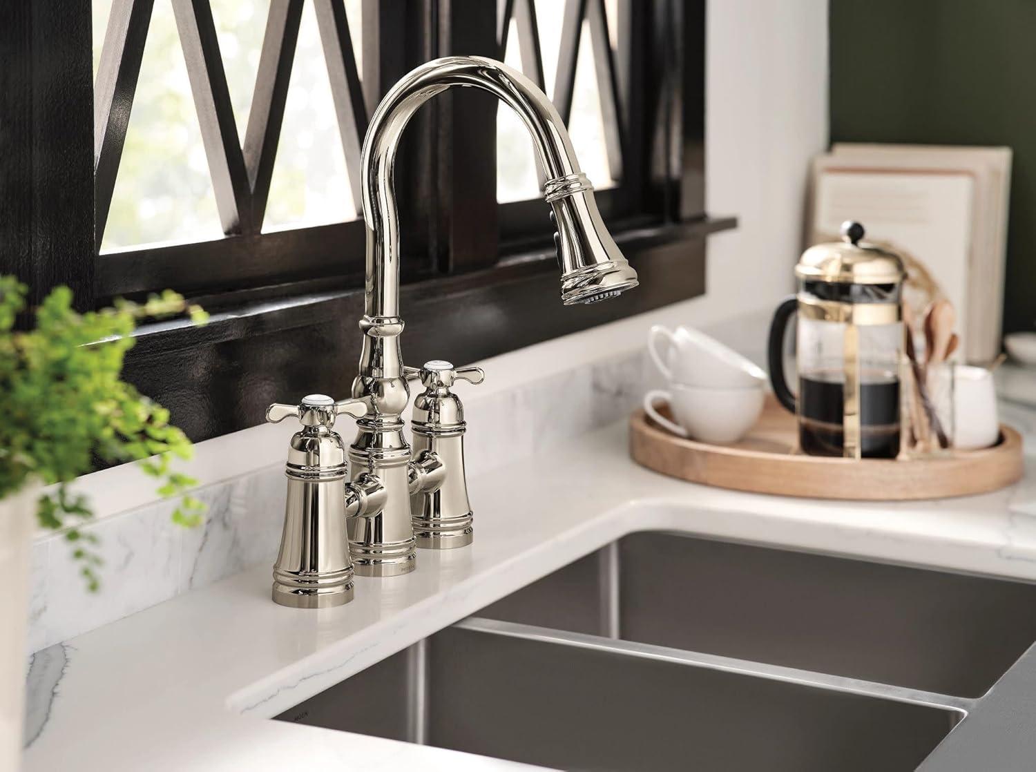 image:imageMoen Weymouth Matte Black Two Handle Pulldown Bridge Kitchen Faucet S73204BLPolished Nickel
