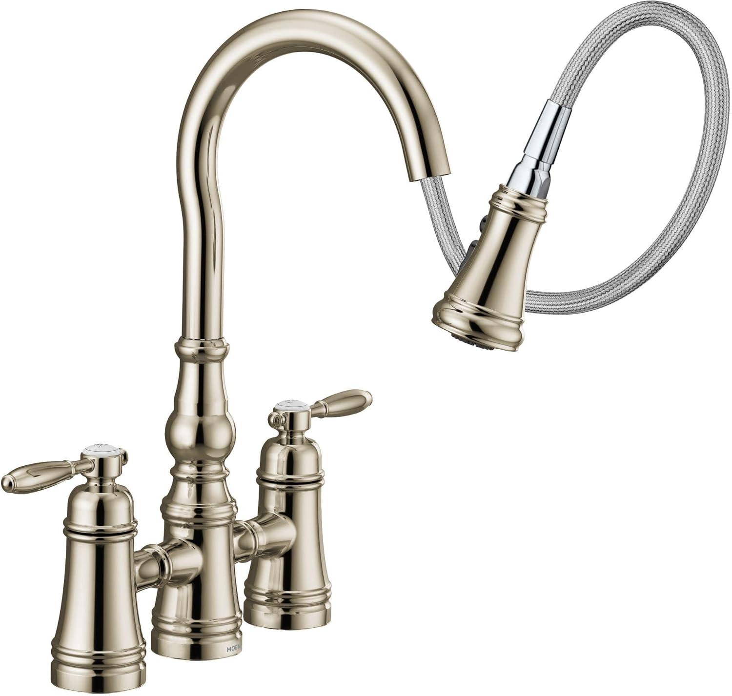 image:imageMoen Weymouth Matte Black Two Handle Pulldown Bridge Kitchen Faucet S73204BLPolished Nickel
